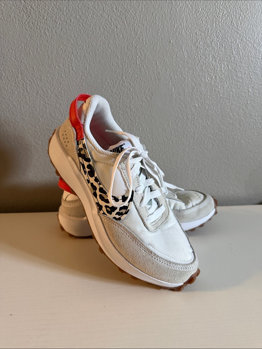 Nike Women's White Sneakers with Leopard Swoosh and Coral Heel